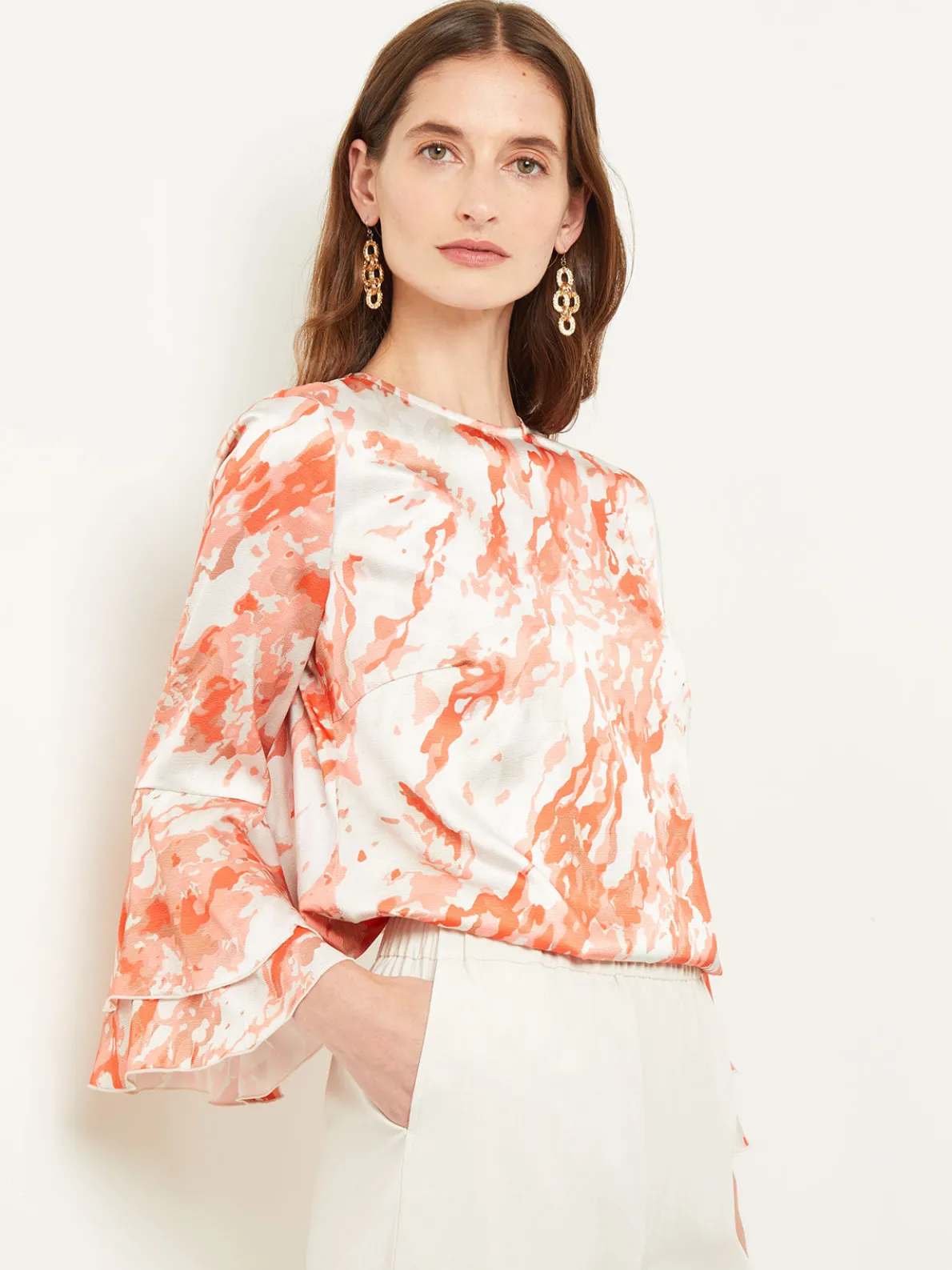 Flounce Sleeve Blouse - Jewel Neck Print Crepe de Chine