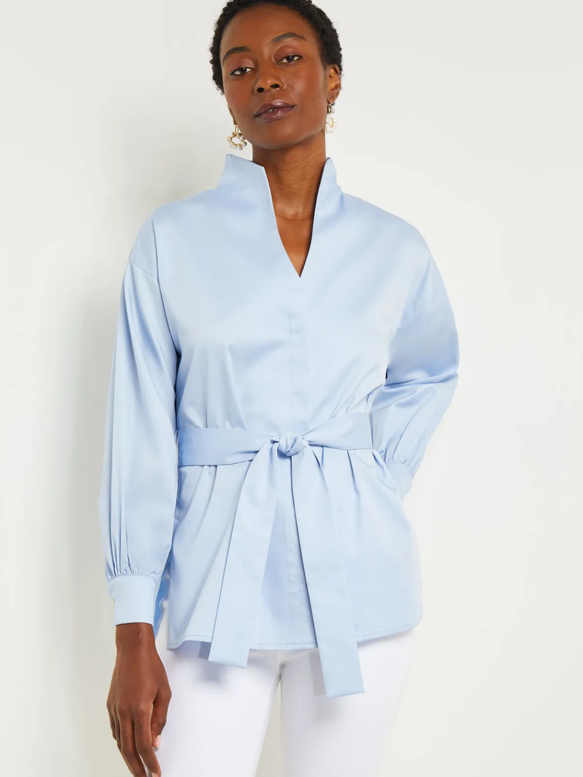 Funnel Neck Belted Cotton Blouse