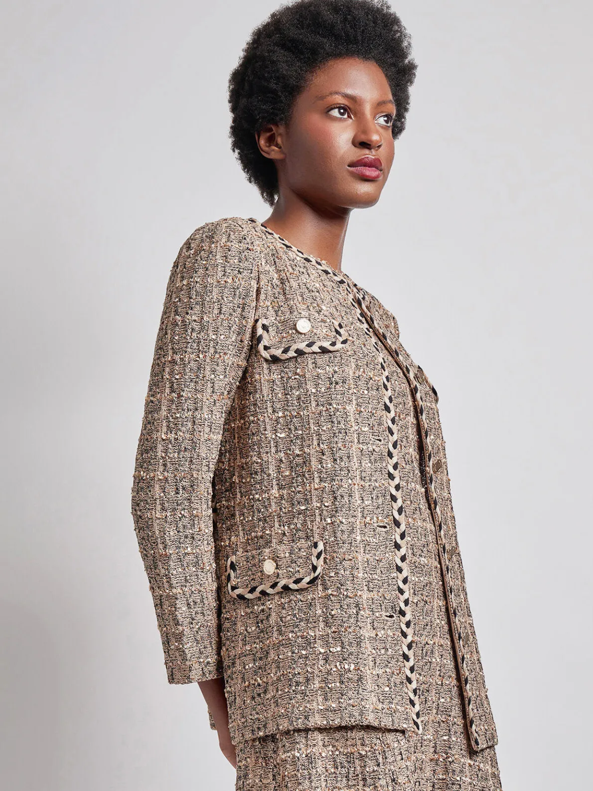 Heritage Fit Braid Trim Tweed Knit Jacket