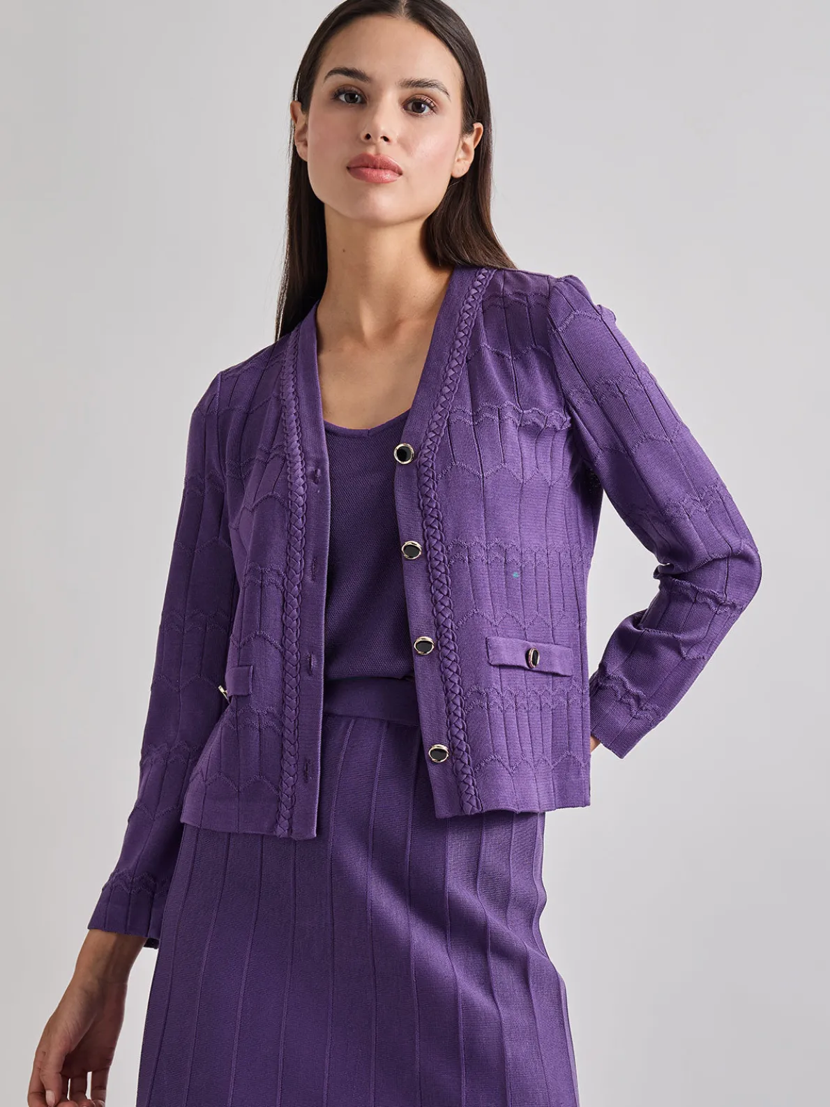 Heritage Fit Braided Trim Tonal Zig-Zag Knit Cardigan