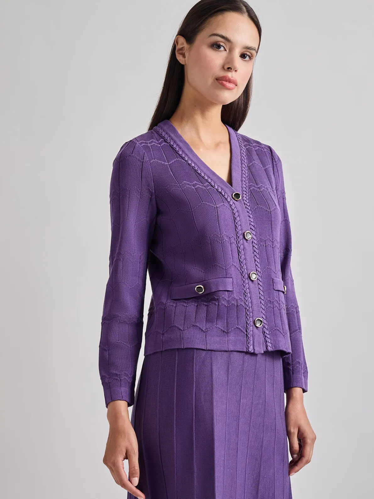 Heritage Fit Braided Trim Tonal Zig-Zag Knit Cardigan