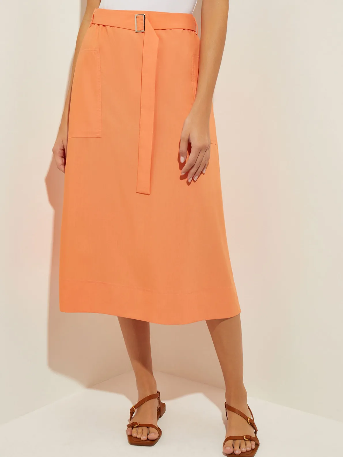 Pocketed Poplin A-Line Midi Skirt