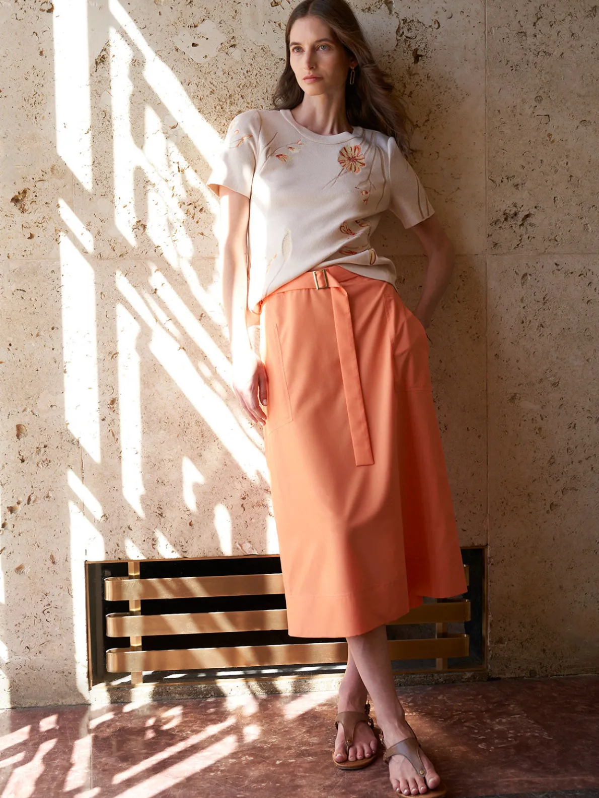 Pocketed Poplin A-Line Midi Skirt