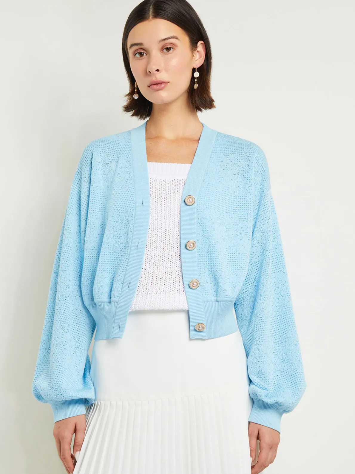 Relaxed Fit Button Front Jacket - Balloon Sleeve Soft Burnout Knit