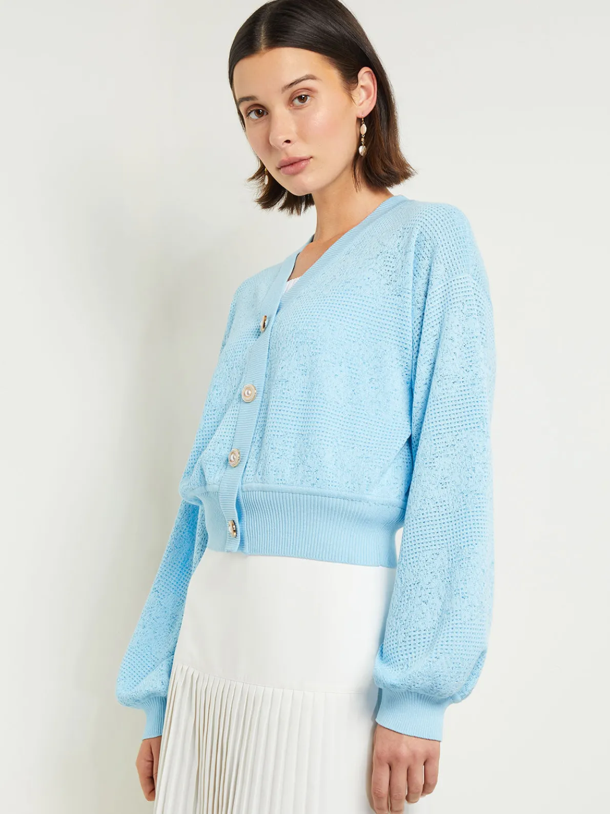 Relaxed Fit Button Front Jacket - Balloon Sleeve Soft Burnout Knit
