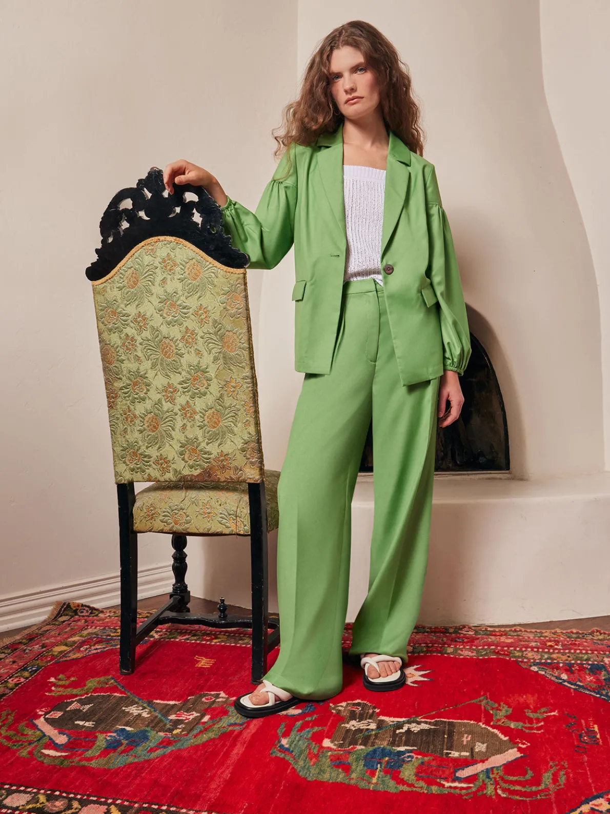 Relaxed Fit One Button Jacket - Balloon Sleeve Relaxed Woven