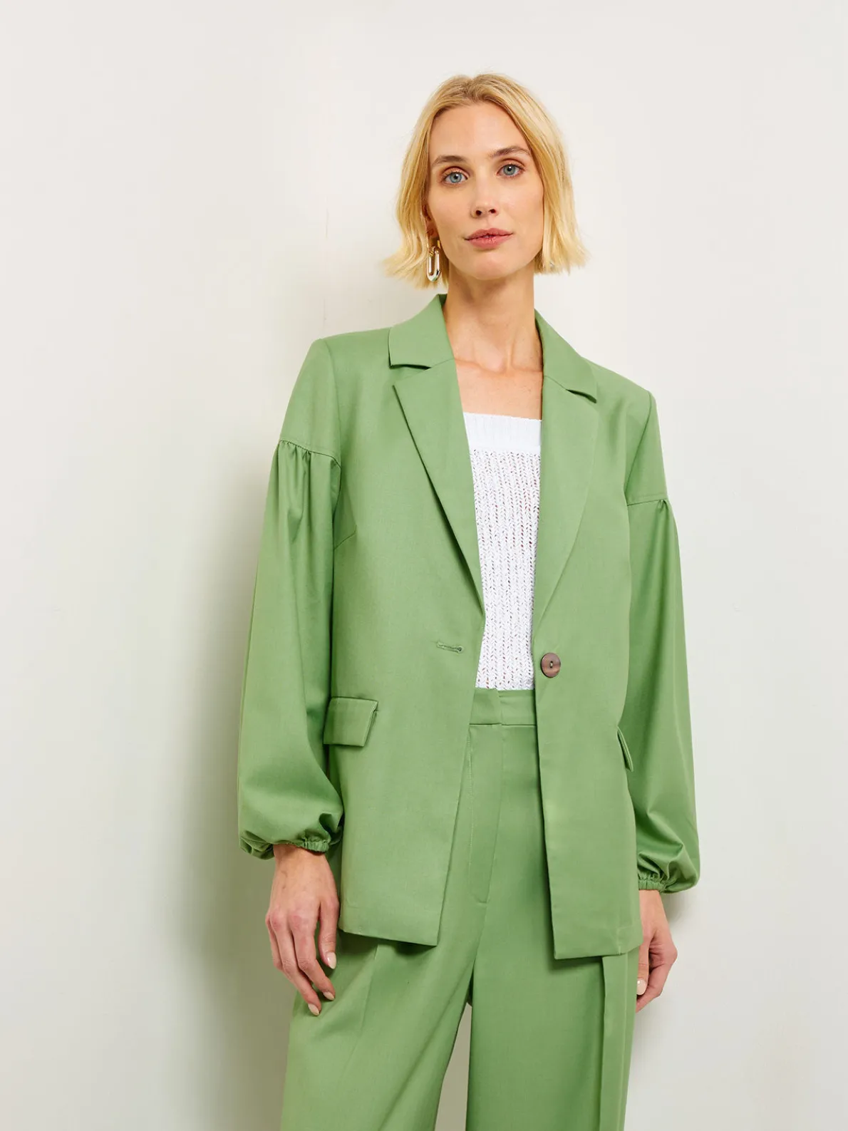 Relaxed Fit One Button Jacket - Balloon Sleeve Relaxed Woven