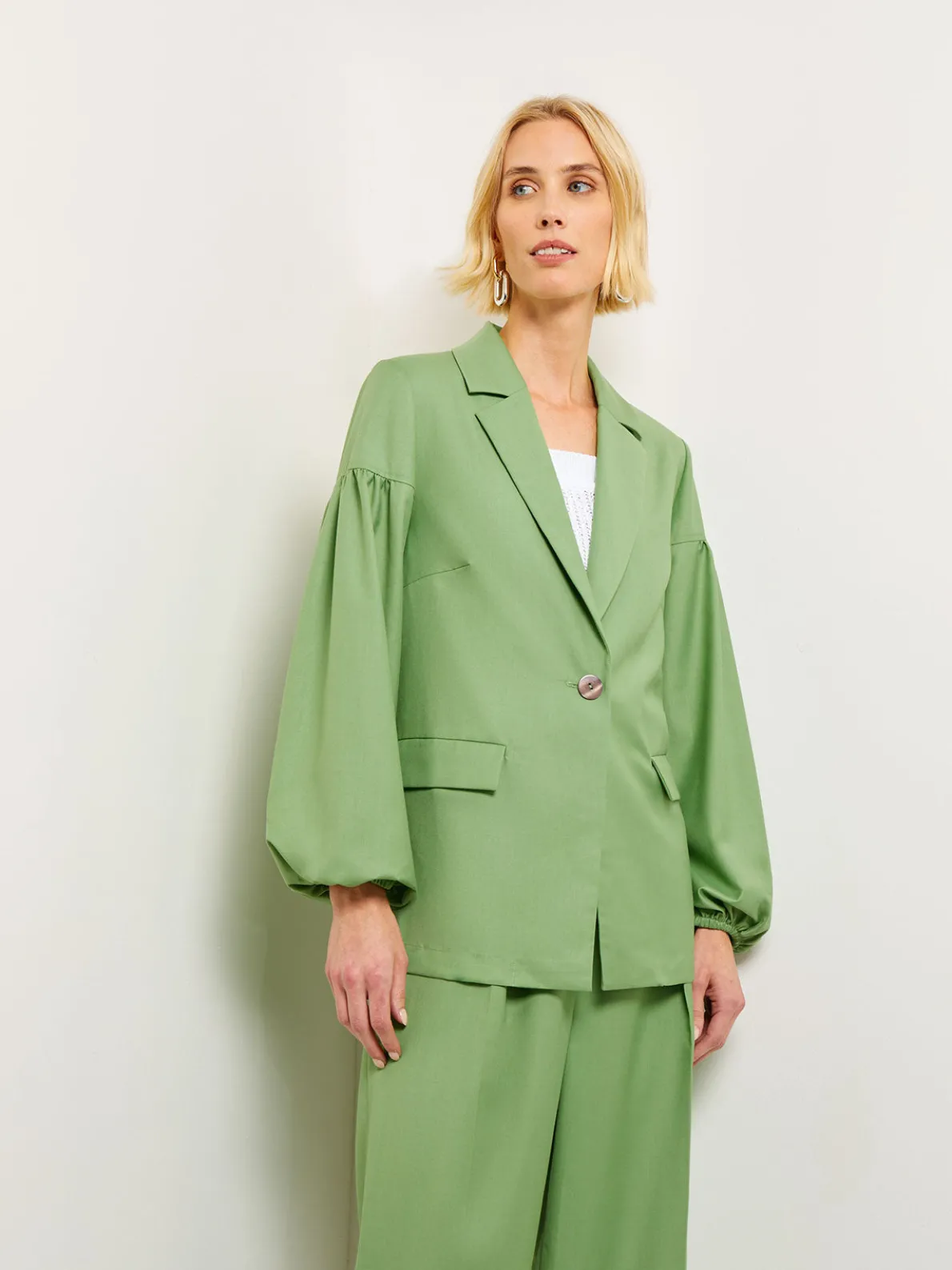 Relaxed Fit One Button Jacket - Balloon Sleeve Relaxed Woven