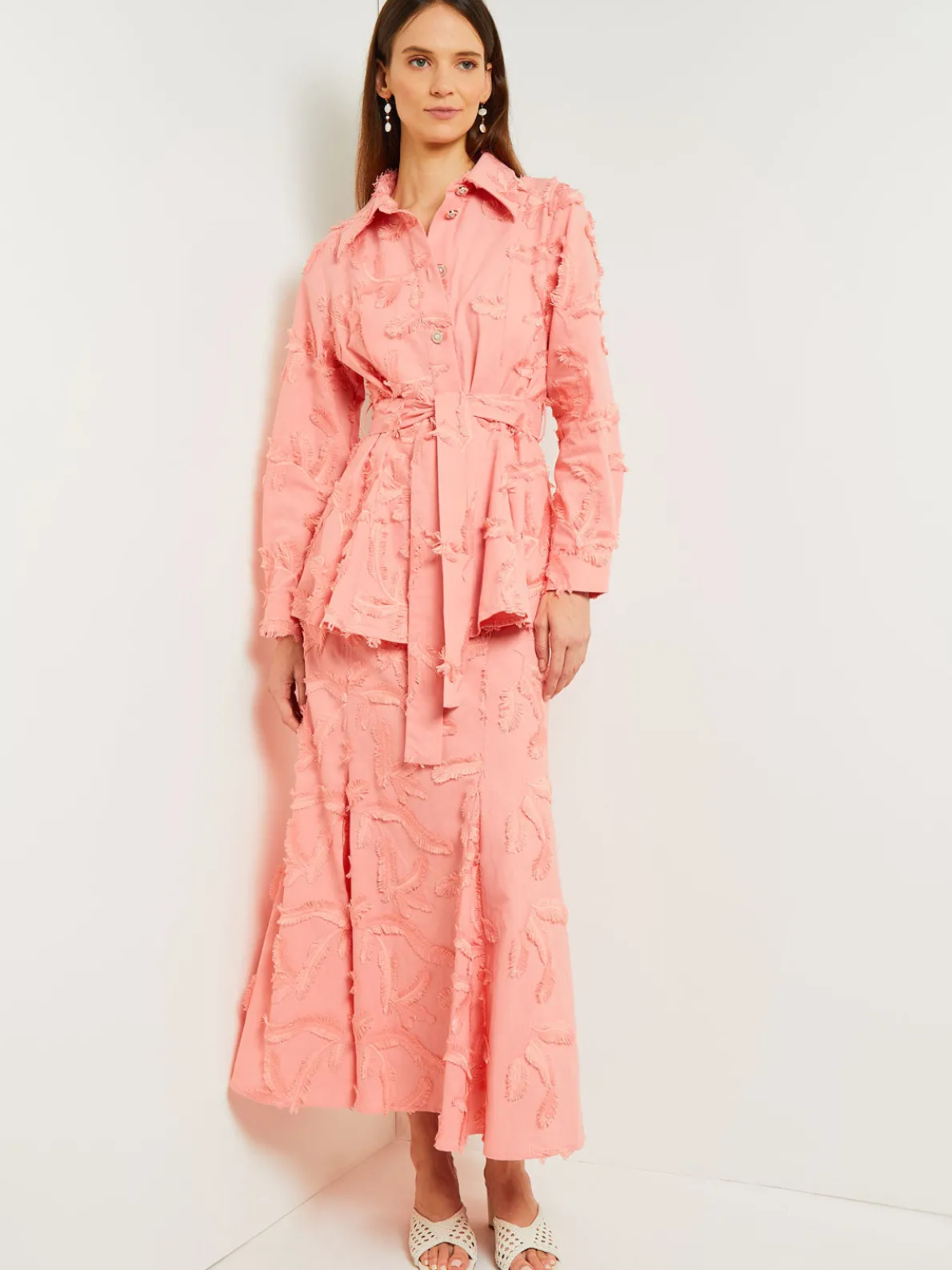 Tailored Fit Button Front Jacket - Belted Fringe Applique Cotton