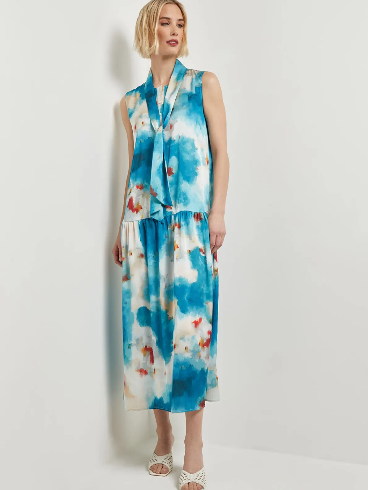 Watercolor Removable Shawl Collar Crepe Maxi Dress