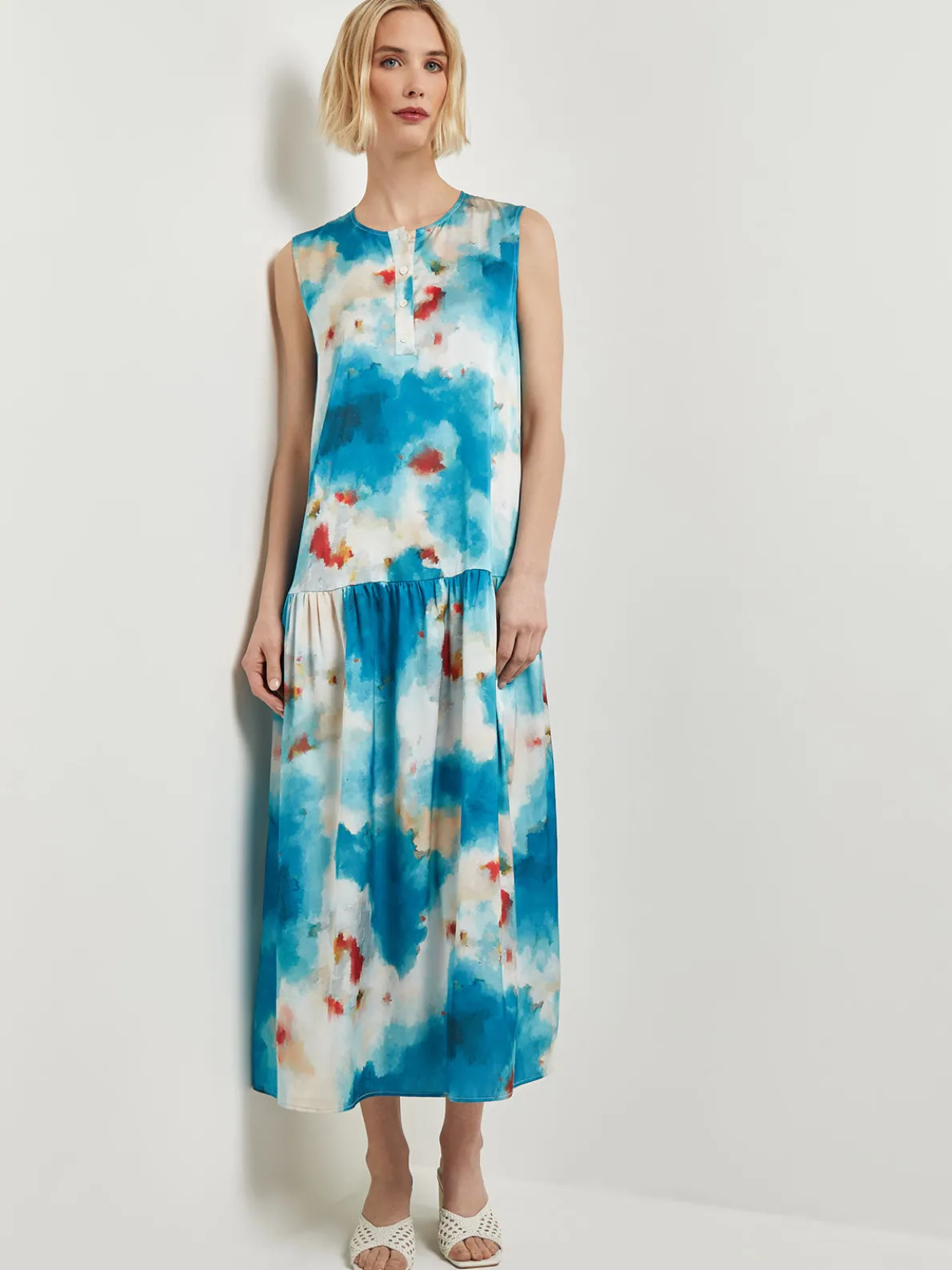Watercolor Removable Shawl Collar Crepe Maxi Dress