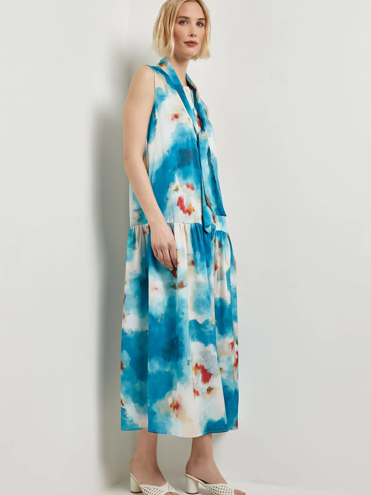 Watercolor Removable Shawl Collar Crepe Maxi Dress